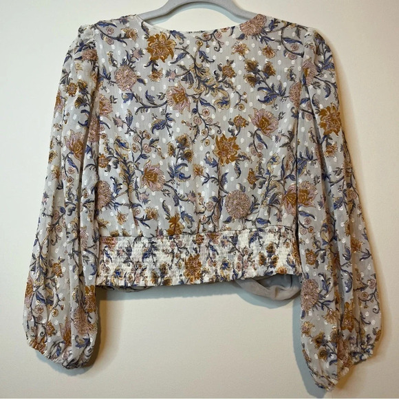 JOIE Boho Floral Faux Wrap Clip Dot Flowy Cropped Elastic Blouse Top - Picture 10 of 12